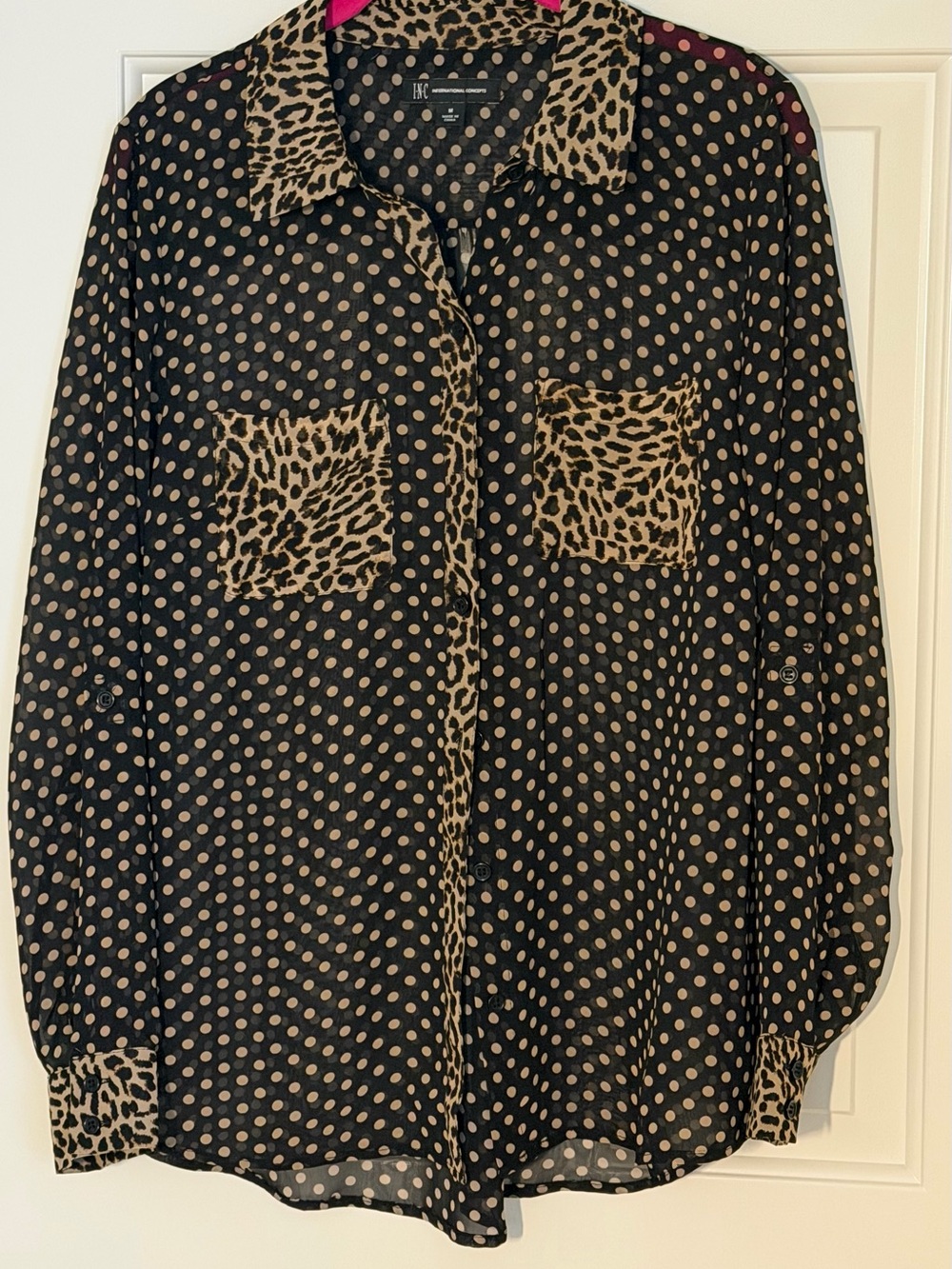 INC International Concepts Black and Tan Polka Dot Button-Down with Leopard Trim